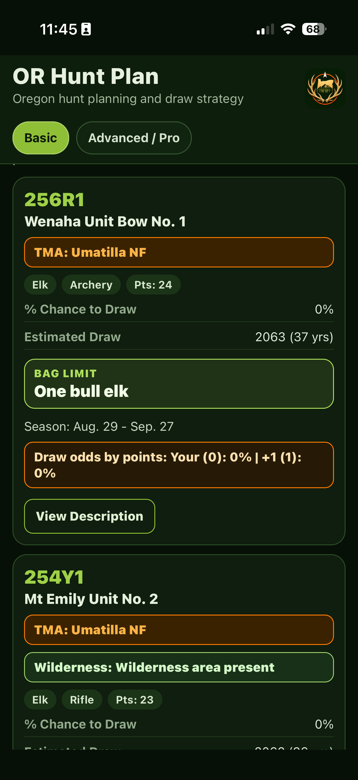 OR Hunt Plan app hunt card screenshot