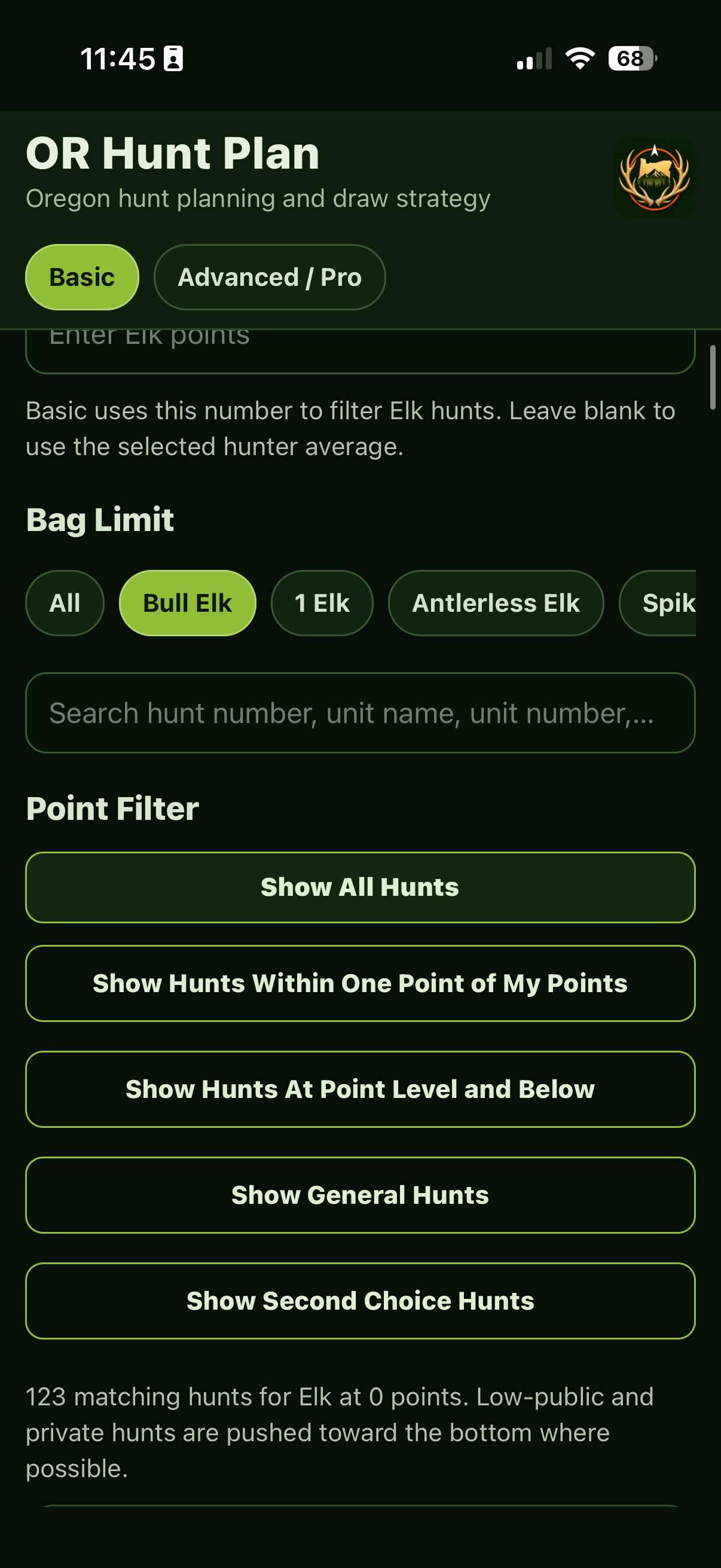 Hunt planner screenshot